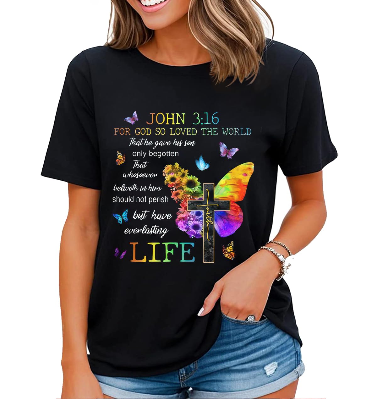 Fun Bible Quotes Christian Faith Shirt Butterfly Graphic Tshirt Women