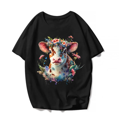 Women Cow Graphics T-Shirt - Life is Better Short Sleeve