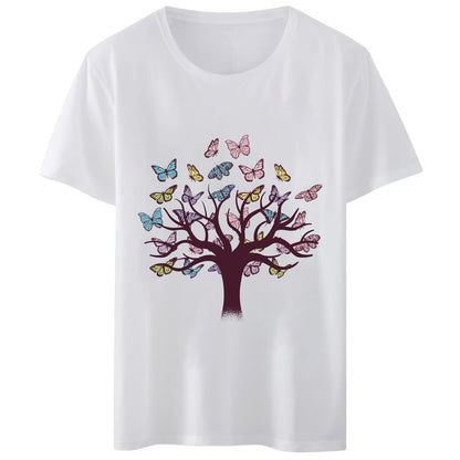 Women T-Shirt Butterfly Tree Print Round Neck Tops Short Sleeve Casual Tee Shirts