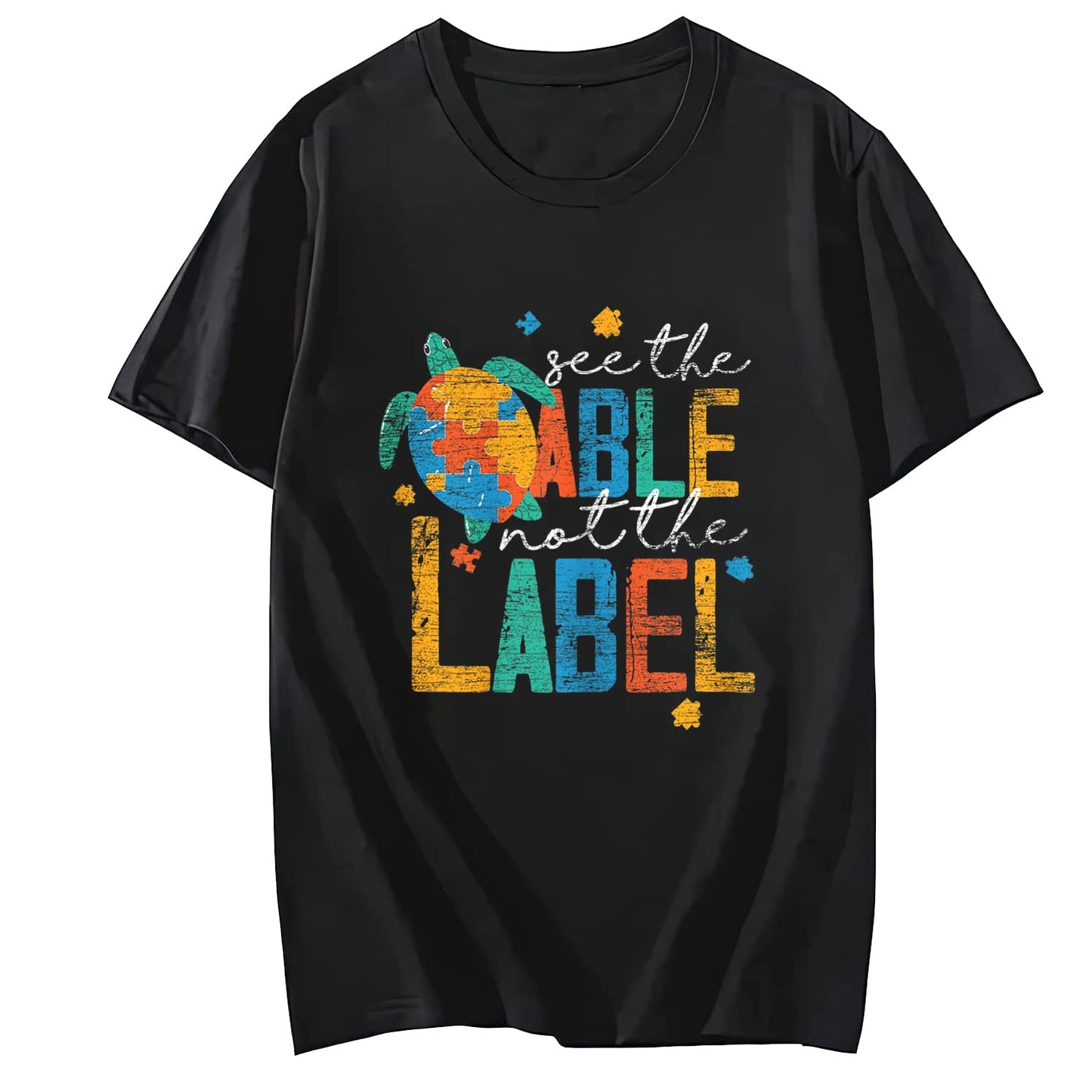 Colorful Puzzle Pieces Turtle Autism Awareness Graphic T-Shirt for Women