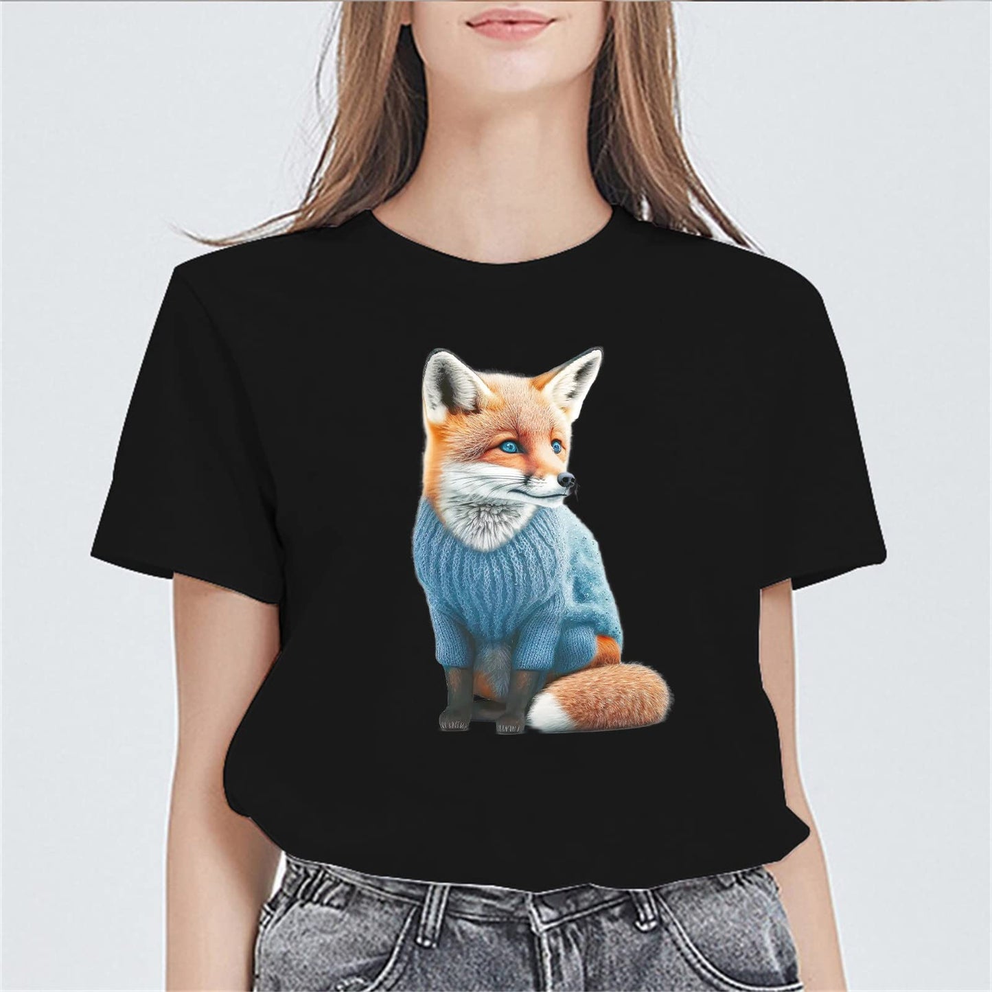 Little Fox Pattern Print Short Sleeve Round Neck T Shirts for Women Tops