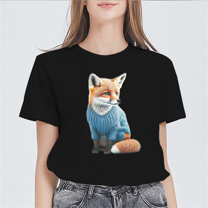 Little Fox Pattern Print Short Sleeve Round Neck T Shirts for Women Tops