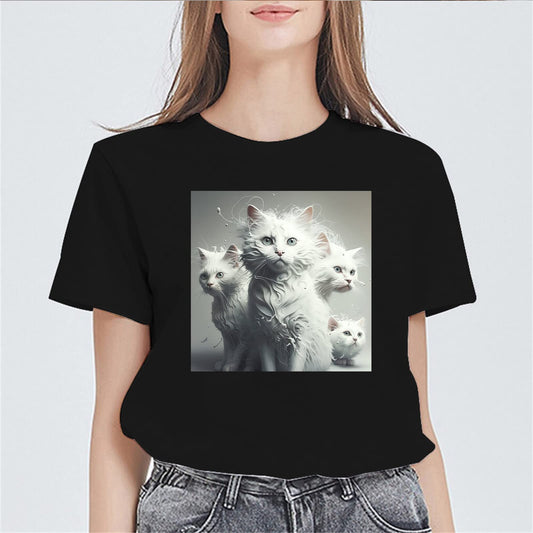 Psychedelic Cat Print Tshirts Casual Short Sleeve Tops Women's Teens Girl