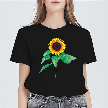 Sunflower with Green Leaves Pattern Women Casual Short-Sleeved Top T-Shirt