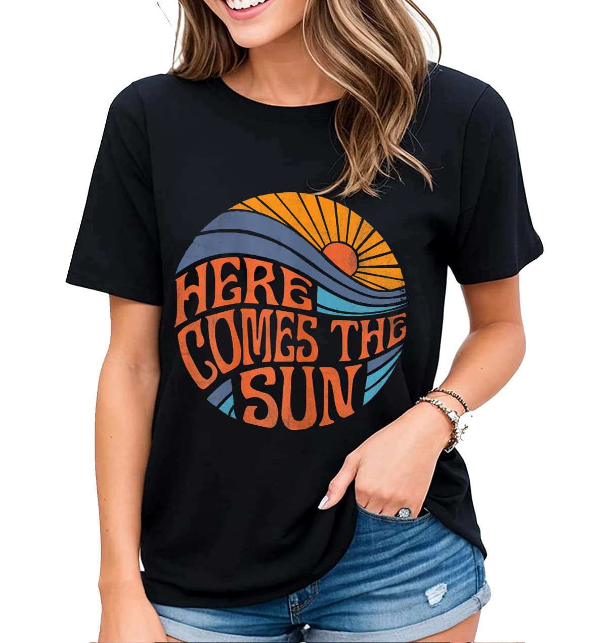 Welcome Sunshine with our "Here Comes The Sun" Hippie Flowers Graphic Shirt