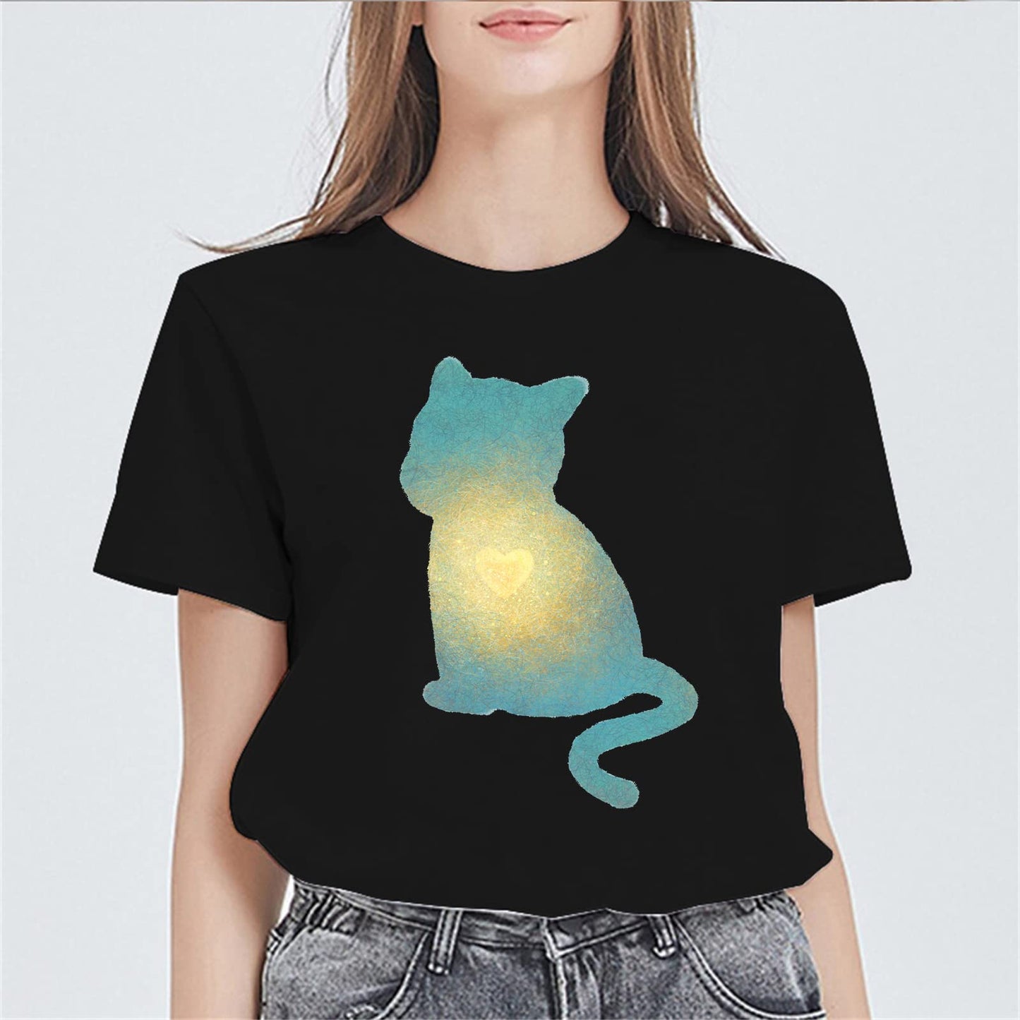 Women Glowing Cat Print T-Shirt Fashion Casual Short-Sleeved Tops Teens Girl Clothes