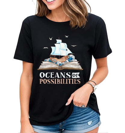 Women's Tshirt Reading Librarian Shirt Ocean of Possibilities Casual Summer Tops