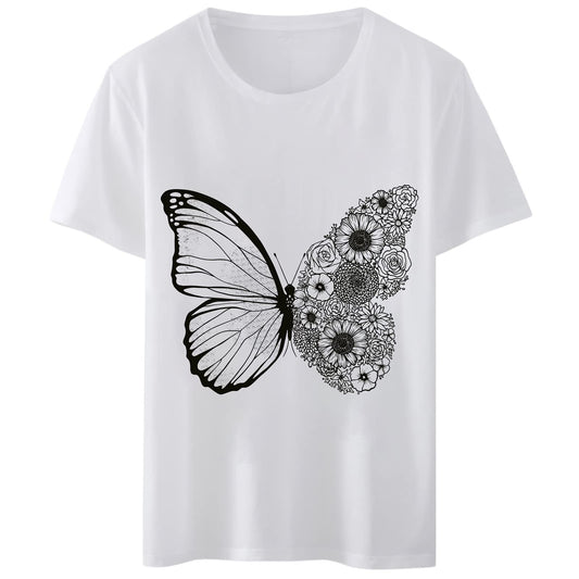 Women T-Shirt Sketch Butterfly Sunflowers Print Round Neck Tops Short Sleeve Casual Tee