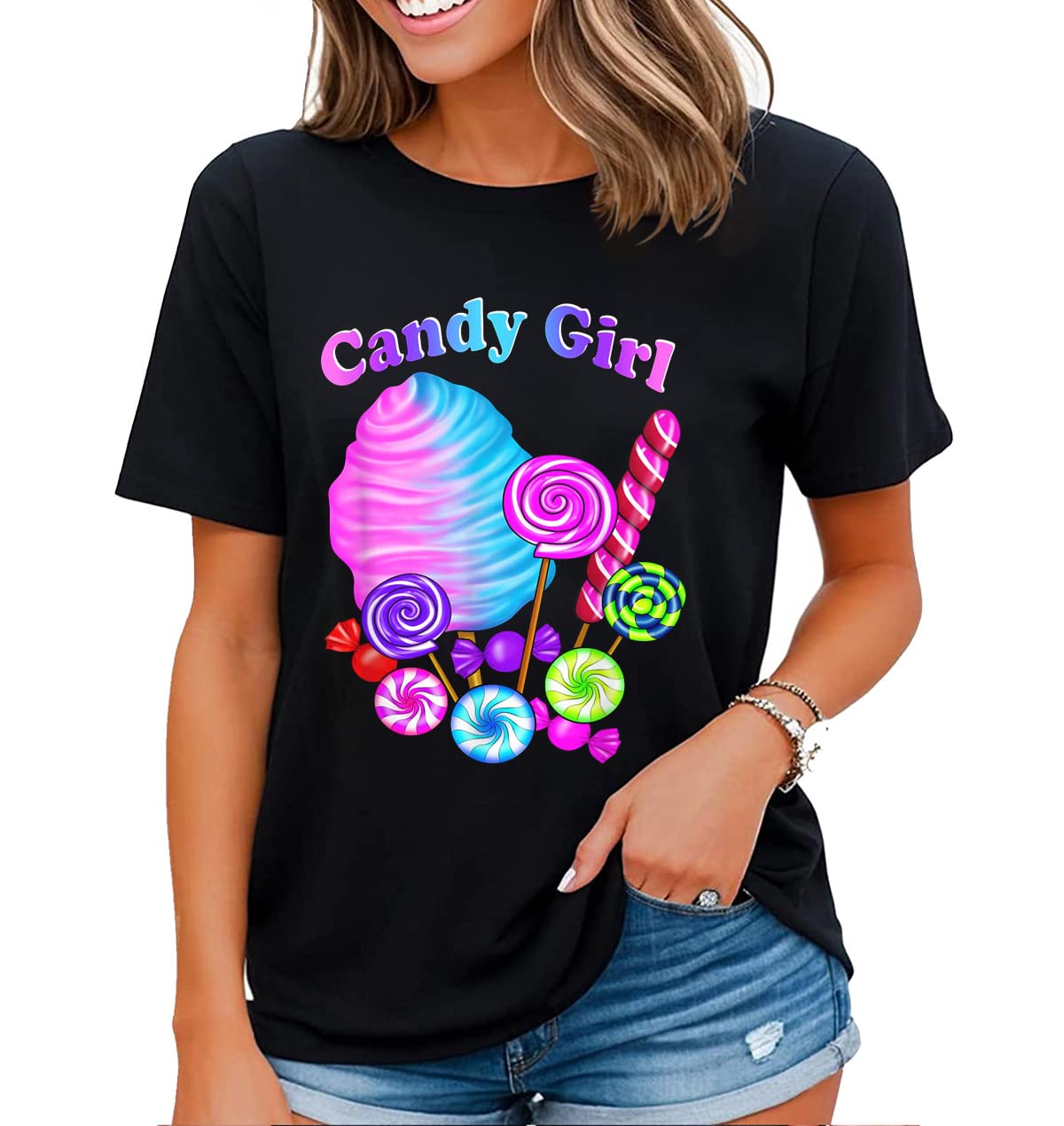 Cute Candy Design Shirt for Women Girls Kids Sweets Candy Lover Casual Short Sleeve Tops