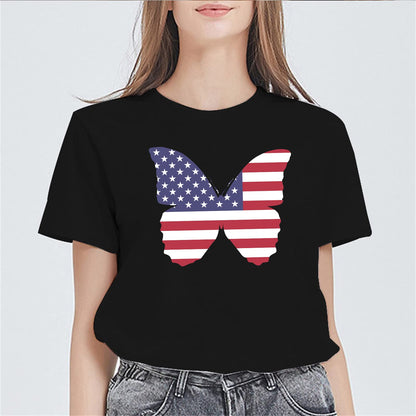 Butterfly American Flag Pattern Women's Short-Sleeved Round Neck T-Shirt