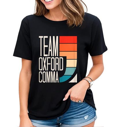 Retro Team Oxford Comma Graphic T-Shirt Womens Fun Grammar Casual Short-Sleeved Tops