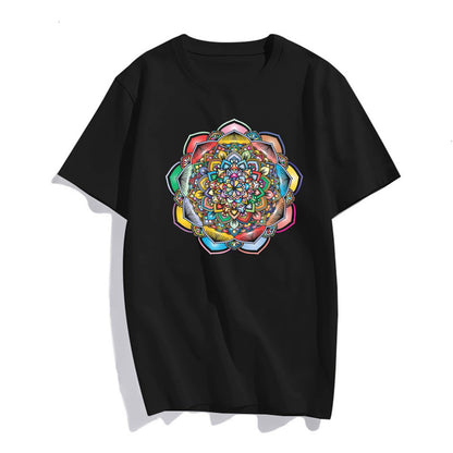 Mandala Pattern Flower Type Print Short Sleeve T Shirts for Women Tops