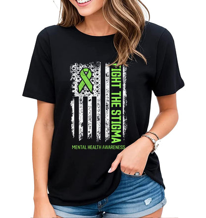 T-Shirt for Women No One Fights Alone Mental Health Awareness Green Ribbon Casual Short Sleeve Tops