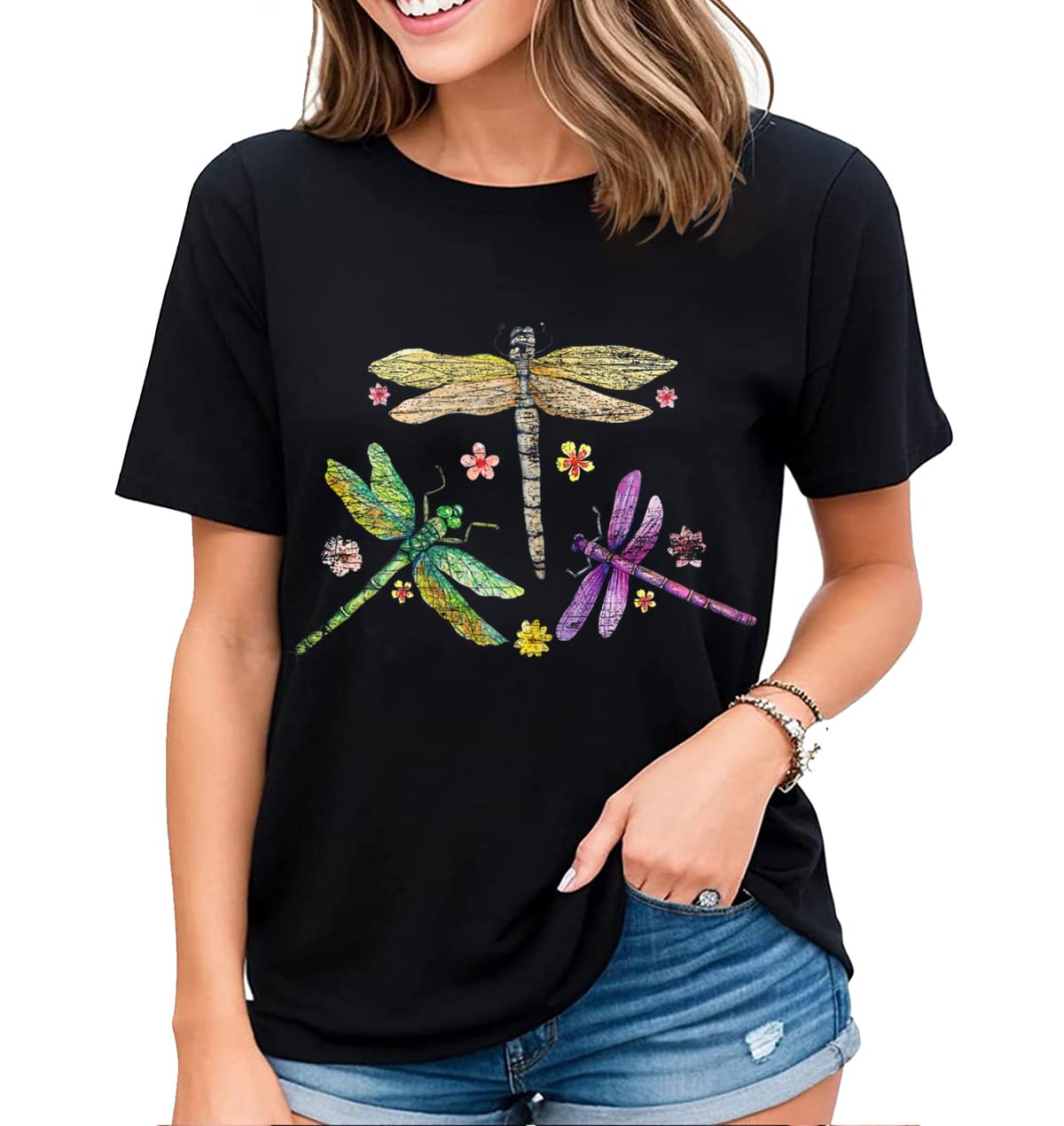 Colorful Dragonfly Graphic T-Shirt Womens Fun Insect Dragonfly Lovers Casual Tops