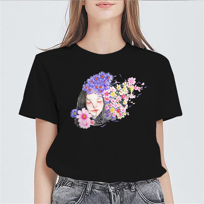 Women Ancient Style Human Face Flowering Bushes Print T-Shirt Fashion Casual Short-Sleeved Tops