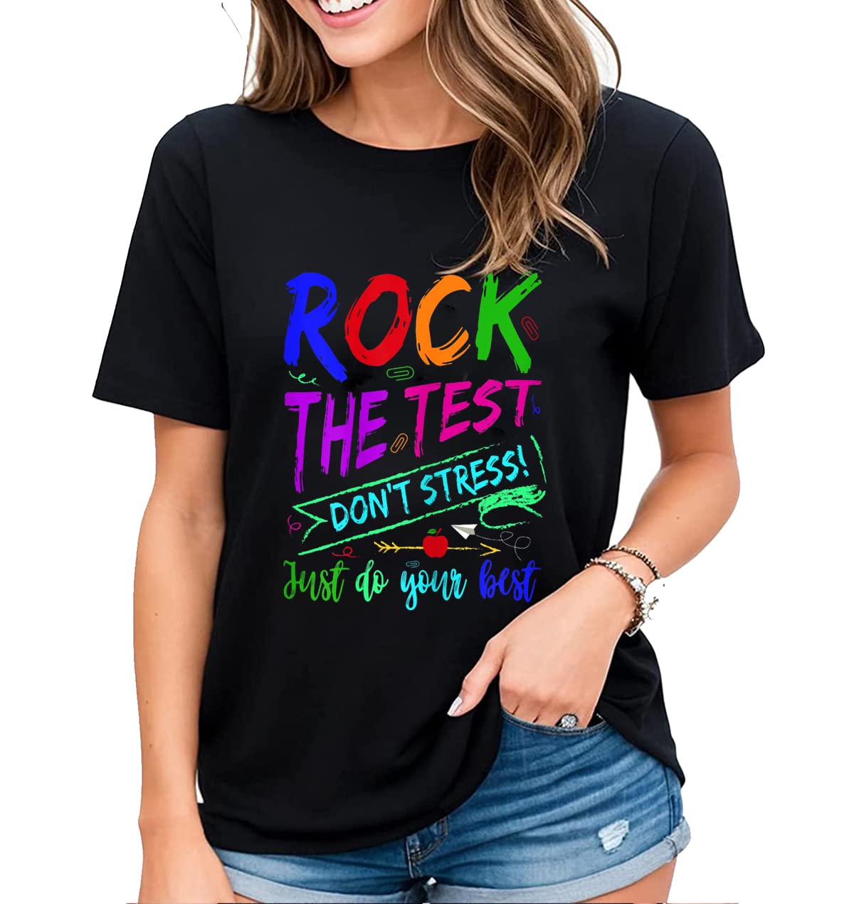 Tshirt for Women Funny Test Day Rock The Test Don't Stress Just Do Your Best Casual Short-Sleeved Tops
