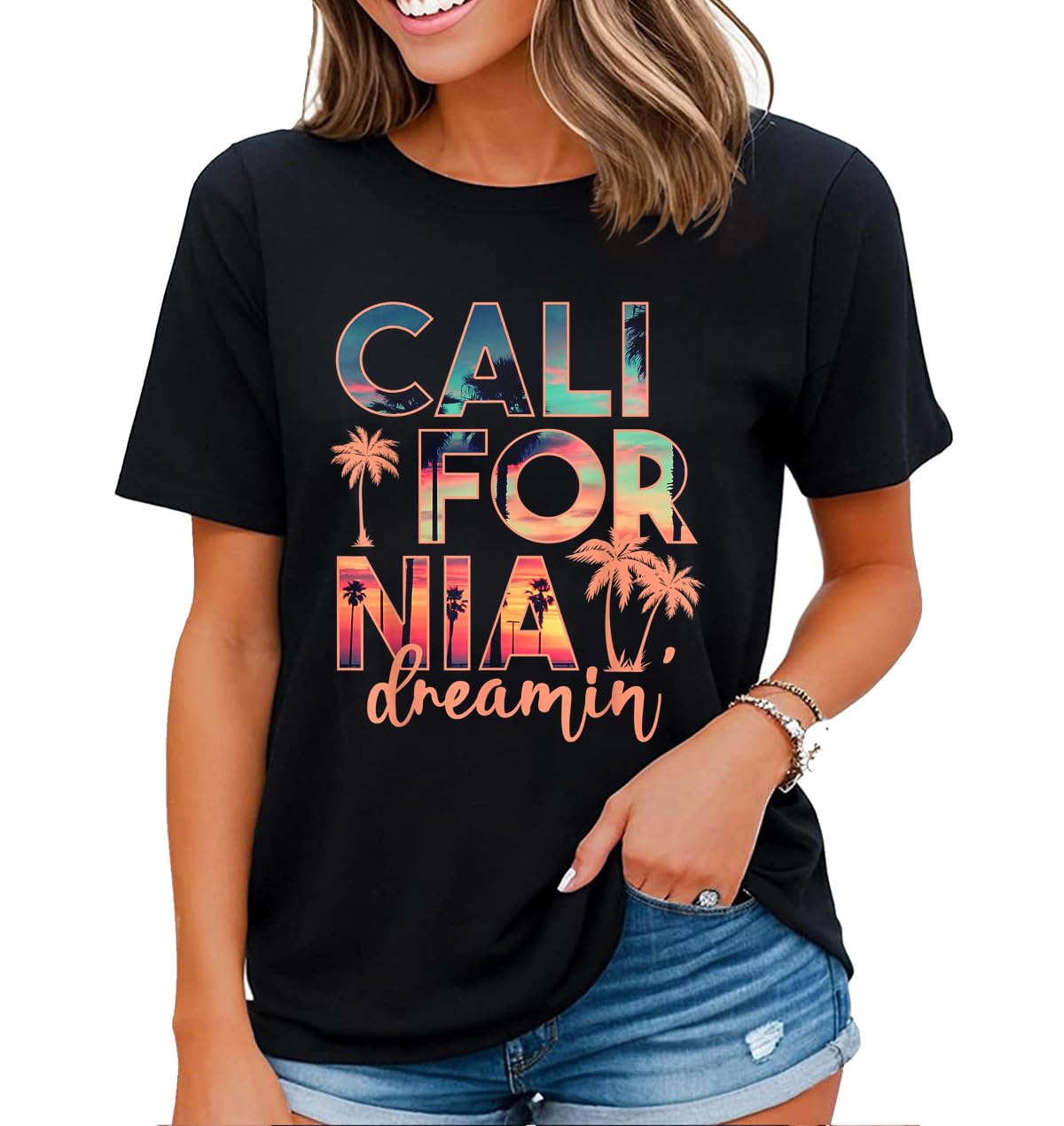 noozuo Californian Landscape Graphic Shirt Women California Beach Palm Vacation Travel Gift T-Shirt