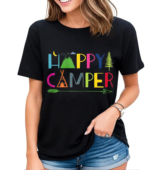 Womens Hiking Camping Shirt Funny Graphic T-Shirt Happy Camper Letter Print Short Sleeve Tops