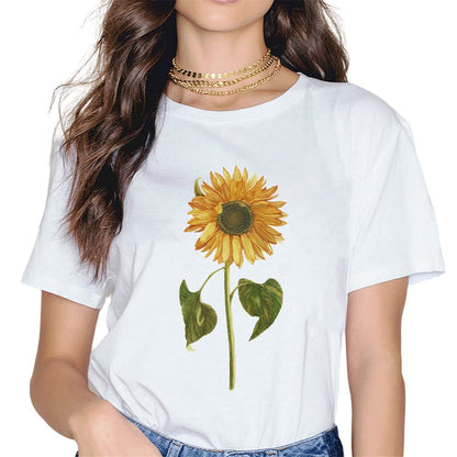 Women Sunflower Sunshine Floral Flower Fashion Short Sleeve Casual Round Neck T-Shirt