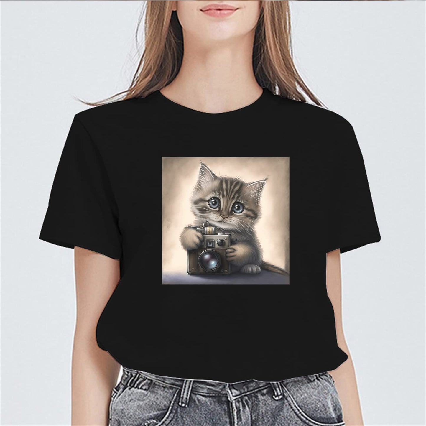Lovely Cat Holding Camera Print Tshirts Casual Short Sleeve Tops Women's Teens Girl
