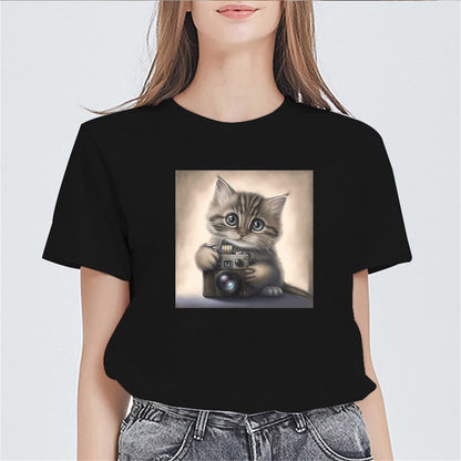Lovely Cat Holding Camera Print Tshirts Casual Short Sleeve Tops Women's Teens Girl