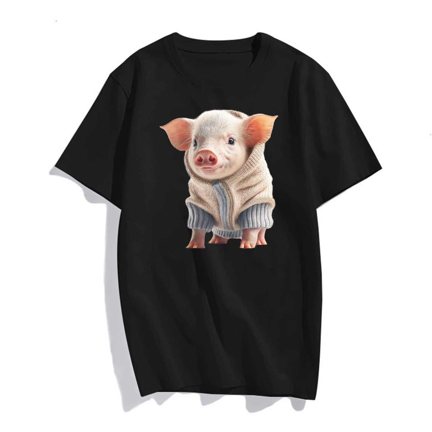 Cute Little Pig Print Short Sleeve Round Neck T Shirts for Women Tops