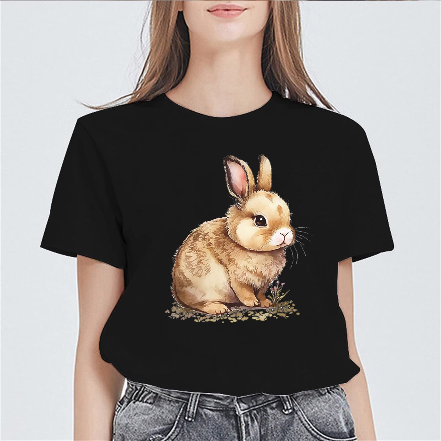 Womens Summer Bunny Graphics Tshirts Casual Short Sleeve Tops Women's Easter Gifts