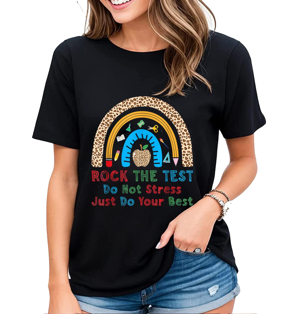 Womens Rainbow Graphics Rock The Test Testing Day Tee Cheer Encouragement Casual Short-Sleeved Tops