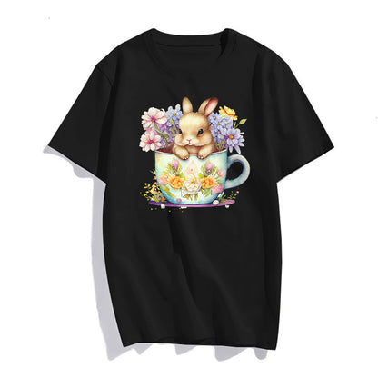 Womens Bunny in A Cup Print Tshirts Casual Short Sleeve Tops Women's Easter Gifts