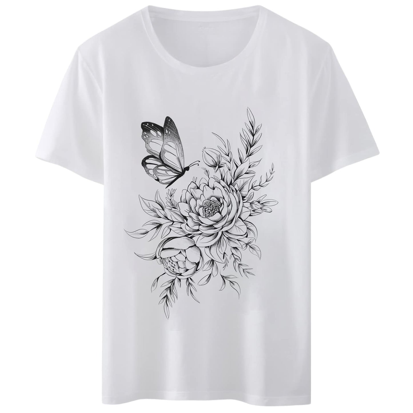 Women T-Shirt Sketch The Peony Butterfly Print Round Neck Tops Short Sleeve Casual Tee