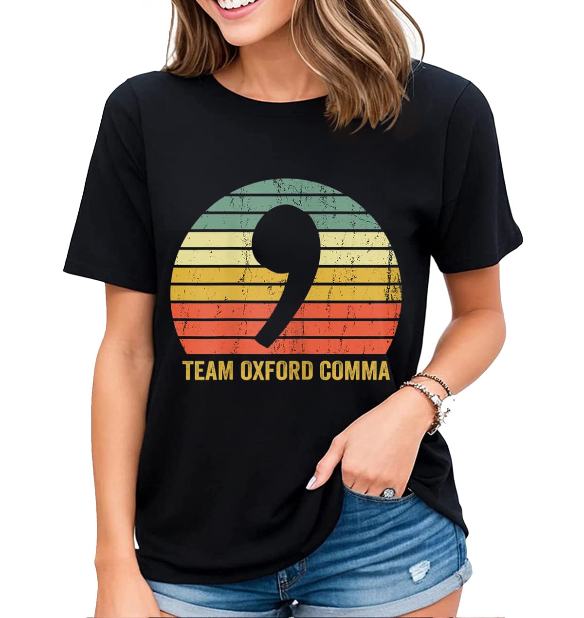 Retro Team Oxford Comma Graphic T-Shirt Womens Fun Grammar Casual Short-Sleeved Tops