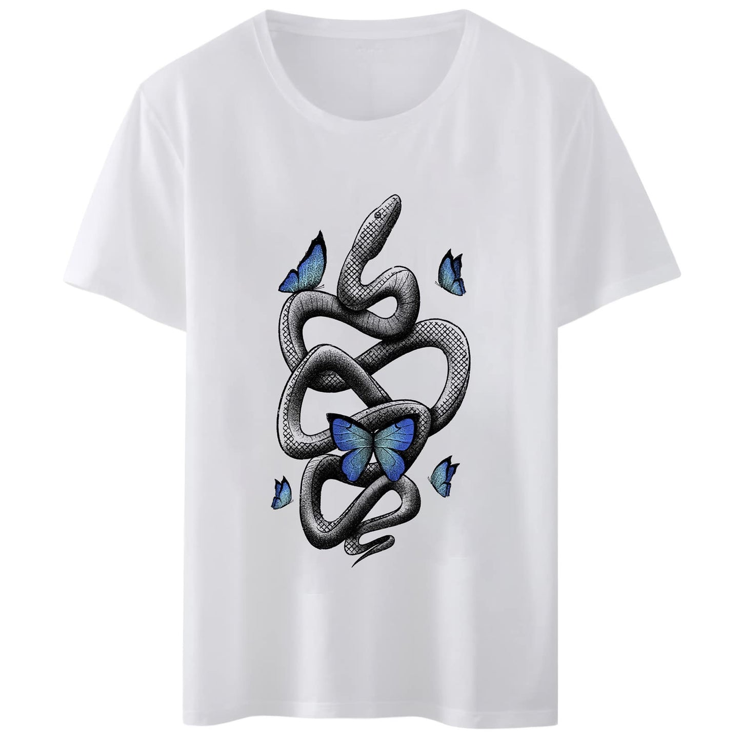 Women T-Shirt Snake Blue Butterfly Print Round Neck Tops Short Sleeve Casual Tee