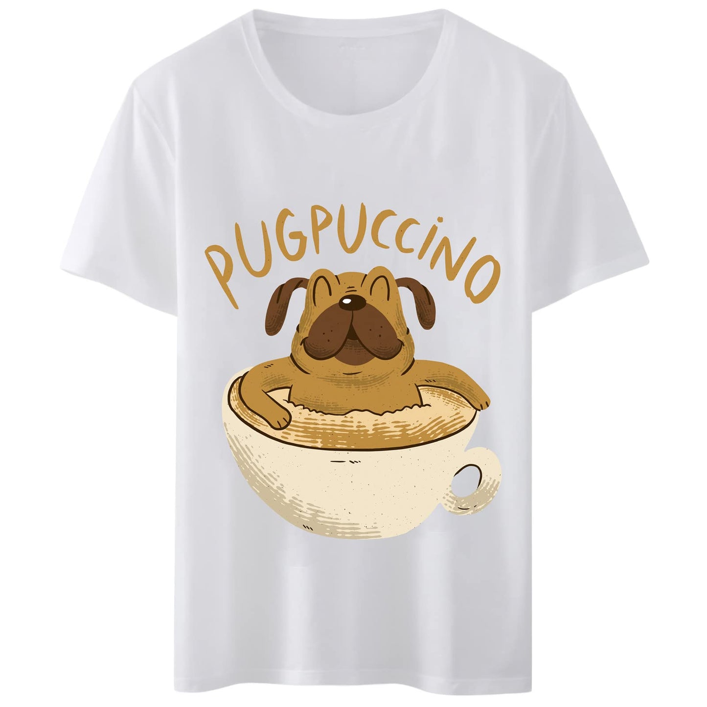 Women T-Shirt Pugpuccino Dog Coffee Print T-Shirt Round Neck Tops Short Sleeve Casual Tee