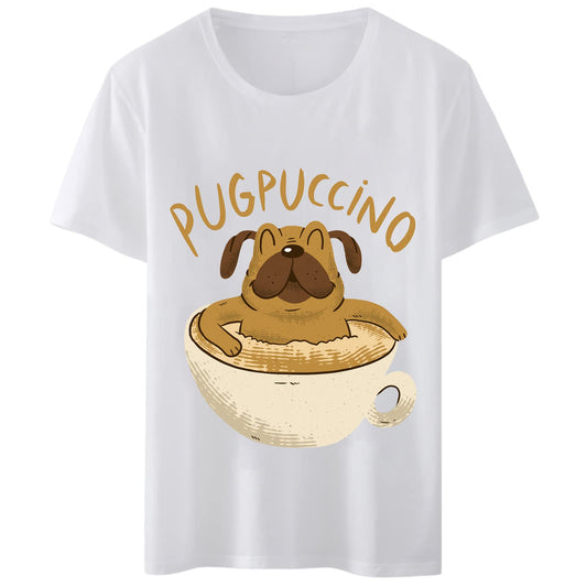 Women T-Shirt Pugpuccino Dog Coffee Print T-Shirt Round Neck Tops Short Sleeve Casual Tee