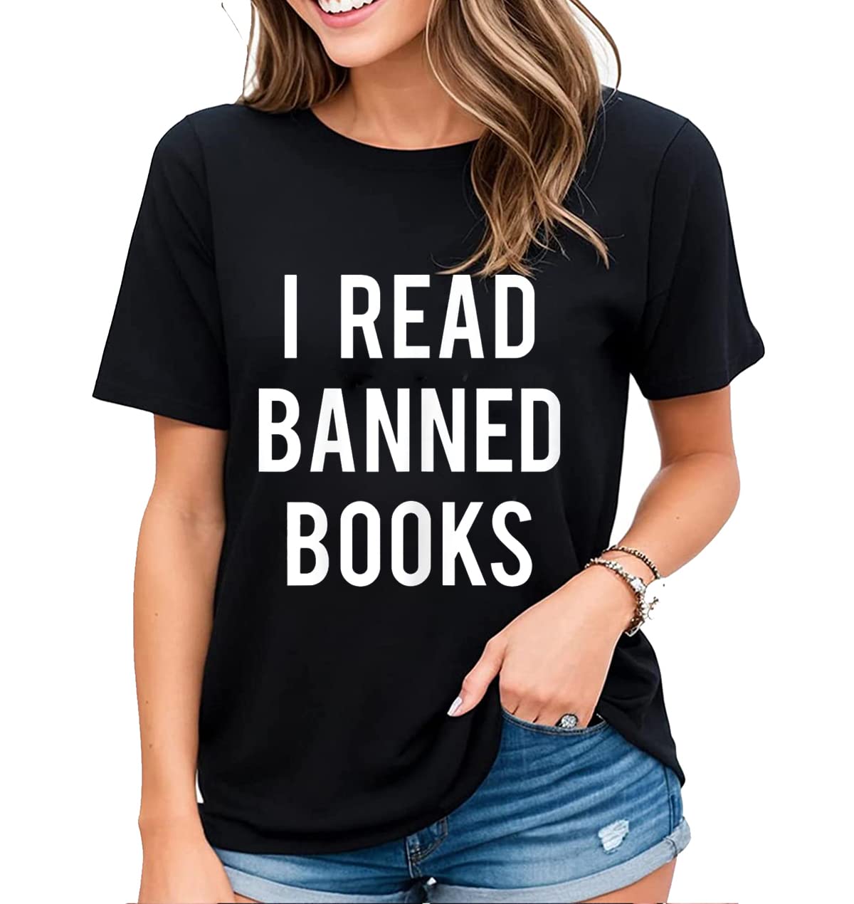 Womens Fun Graphic I Read Banned Books T-Shirt Banned Books Lovers Gift Casual Short-Sleeved Tops
