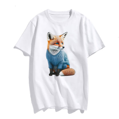 Little Fox Pattern Print Short Sleeve Round Neck T Shirts for Women Tops