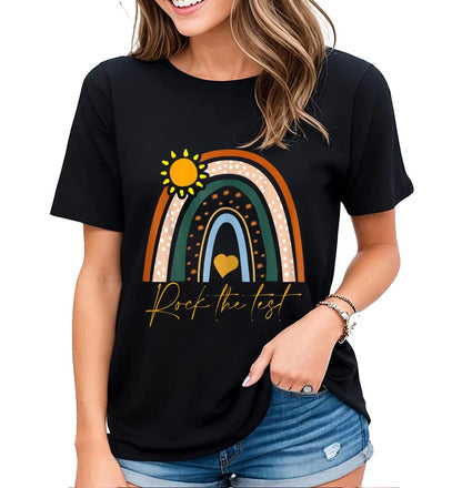 Womens Rainbow Graphics Rock The Test Testing Day Tee Cheer Encouragement Casual Short-Sleeved Tops