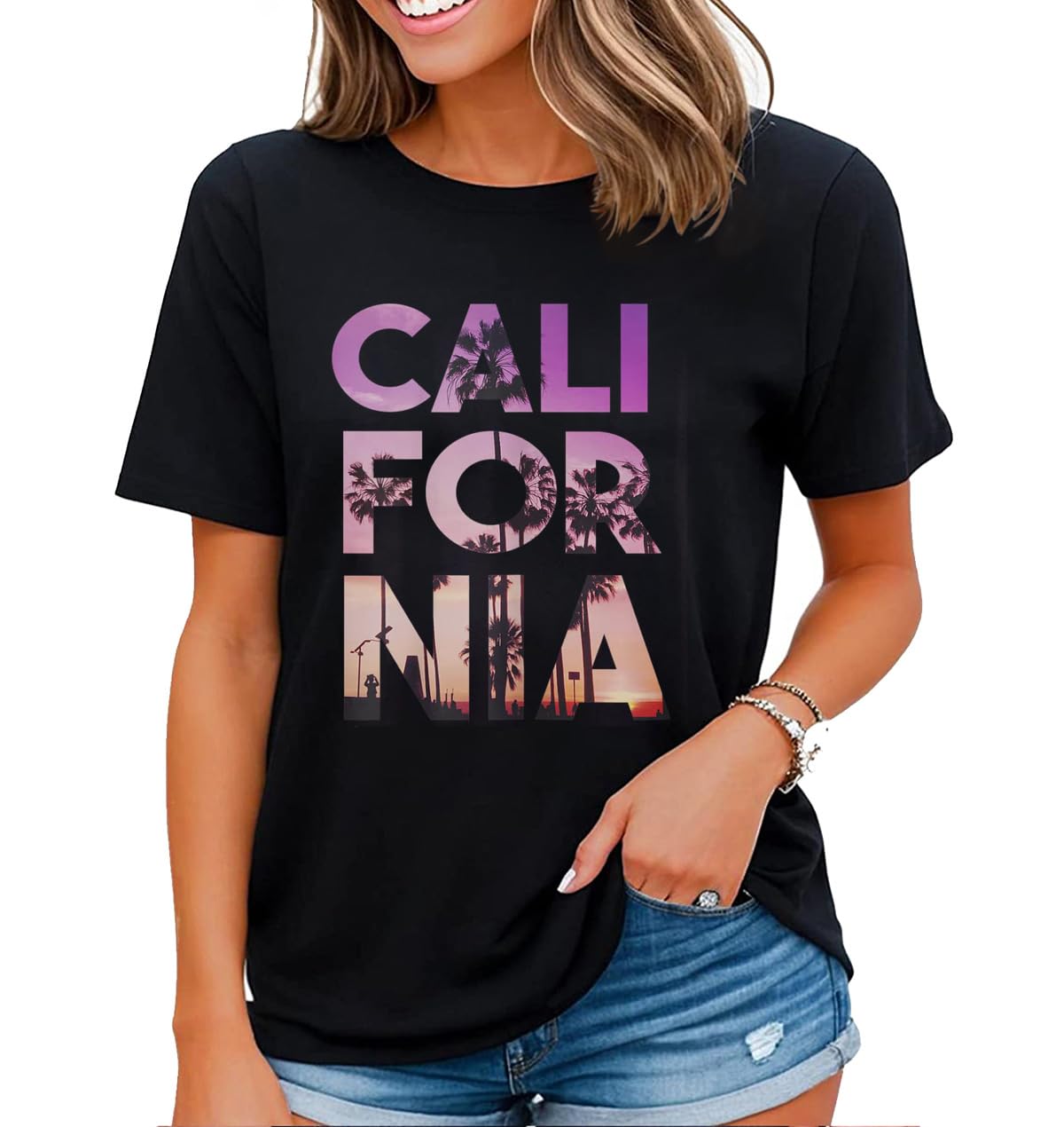 noozuo Californian Landscape Graphic Shirt Women California Beach Palm Vacation Travel Gift T-Shirt