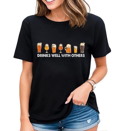 Drinks Well with Others Fun Graphic Tees T-Shirt Womens Gift Casual Short-Sleeved Tops