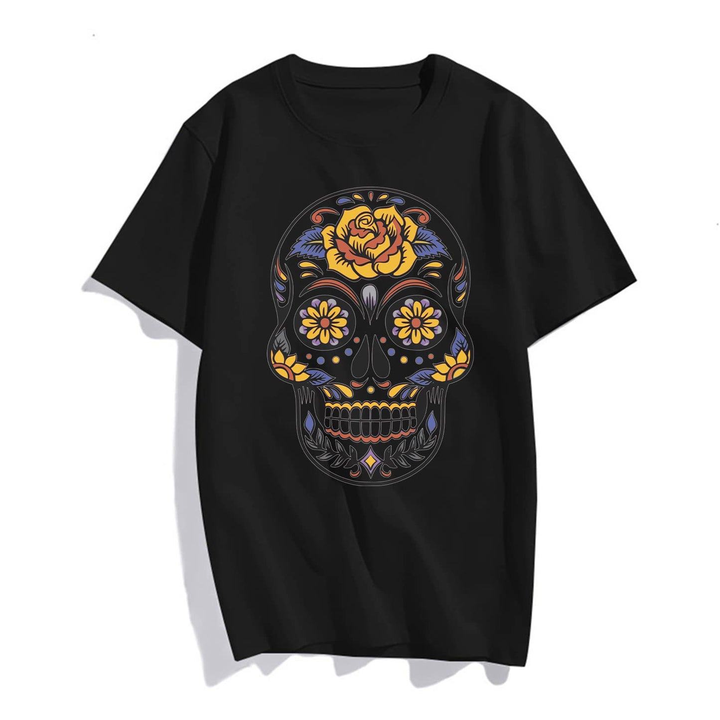 Skull T-Shirt with Small Daisies and Greenery Pattern Women Round Neck Short Sleeve Top