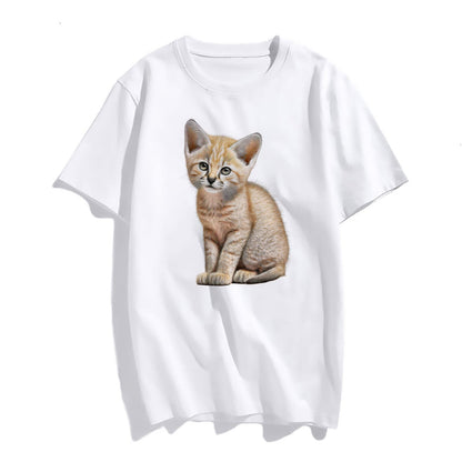 Yellow-Brown Cat Print Women's Summer Casual T-Shirt