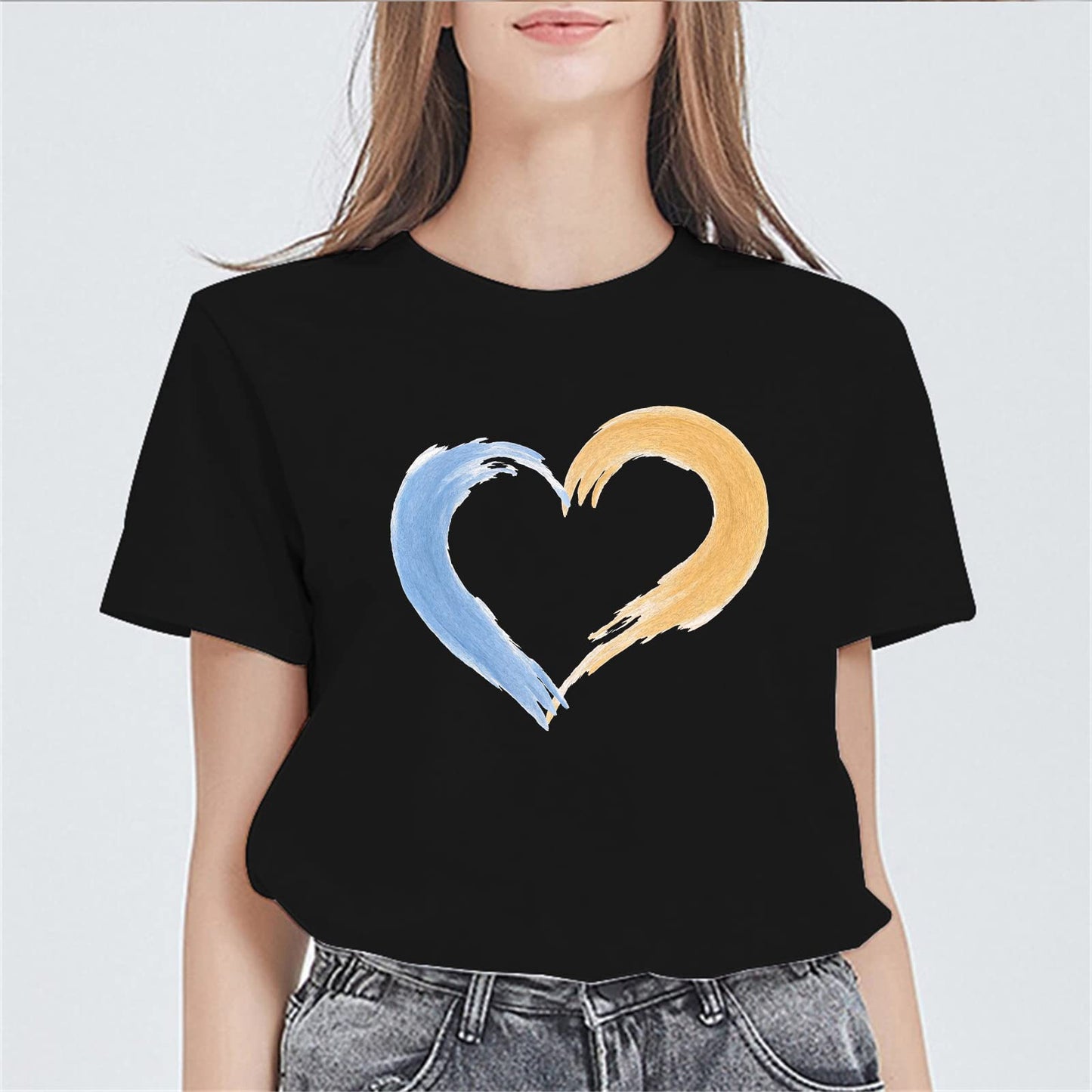 Blue and Yellow Patchwork Love Print Short Sleeve T Shirts for Women Tops Teen Girl Clothes