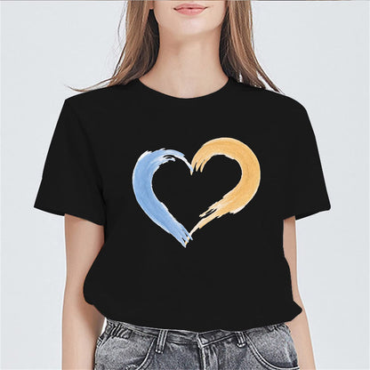 Blue and Yellow Patchwork Love Print Short Sleeve T Shirts for Women Tops Teen Girl Clothes