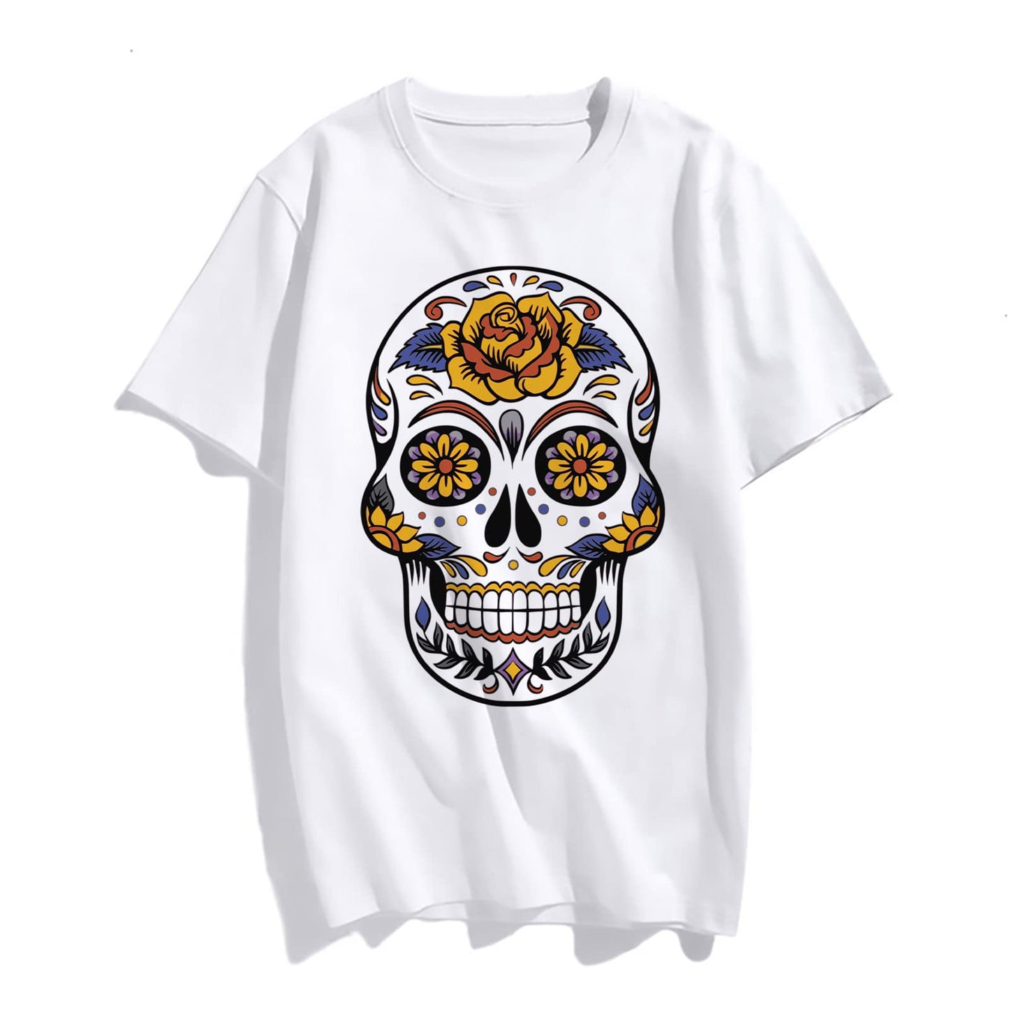 Skull T-Shirt with Small Daisies and Greenery Pattern Women Round Neck Short Sleeve Top