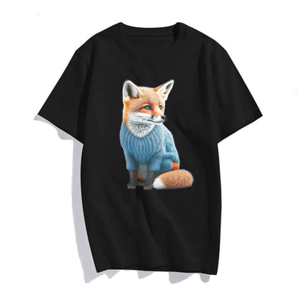 Little Fox Pattern Print Short Sleeve Round Neck T Shirts for Women Tops