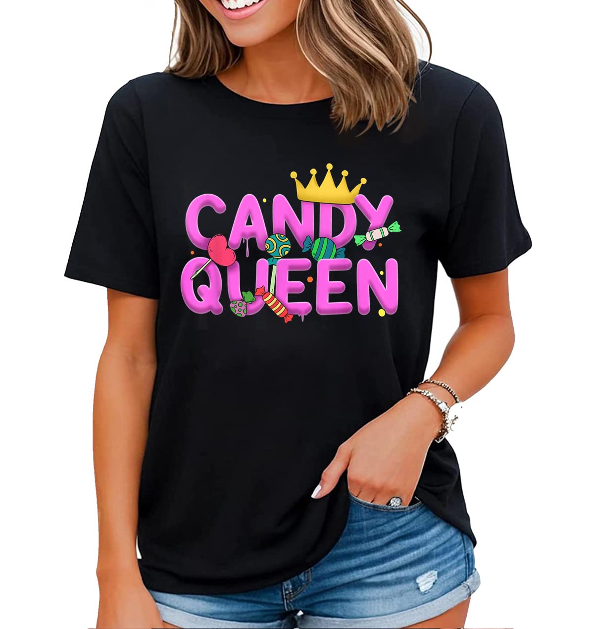 Cute Candy Design Shirt for Women Girls Kids Sweets Candy Lover Casual Short Sleeve Tops