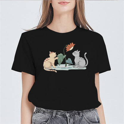 Womens Two Cats Playing Print Tshirts Casual Short Sleeve Tops Women's