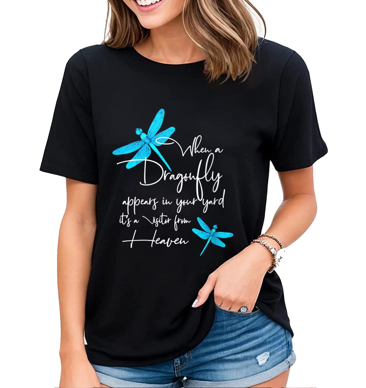 Colorful Dragonfly Graphic T-Shirt Womens Fun Insect Dragonfly Lovers Casual Tops