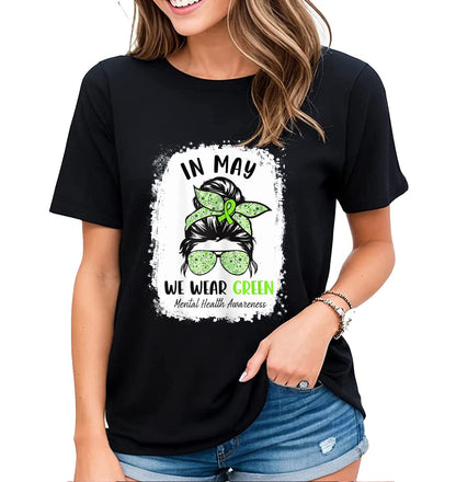 T-Shirt for Women No One Fights Alone Mental Health Awareness Green Ribbon Casual Short Sleeve Tops