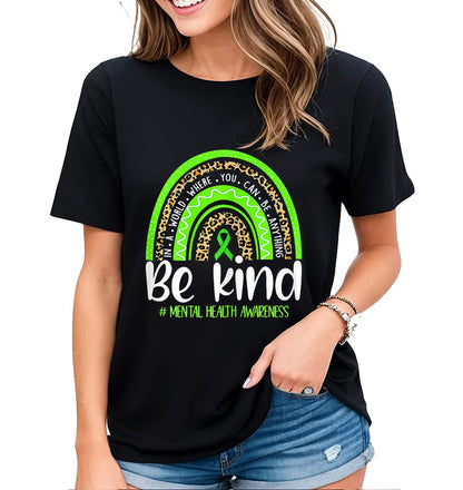 Women's Tshirt Mental Health Awareness Tee Green Ribbon Animal Botanical Graphic Casual Short Sleeve Tops